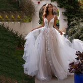 Boho A-Line Backless Wedding Dress 3D Flowers Spaghetti Straps Dress - Acapparelstore